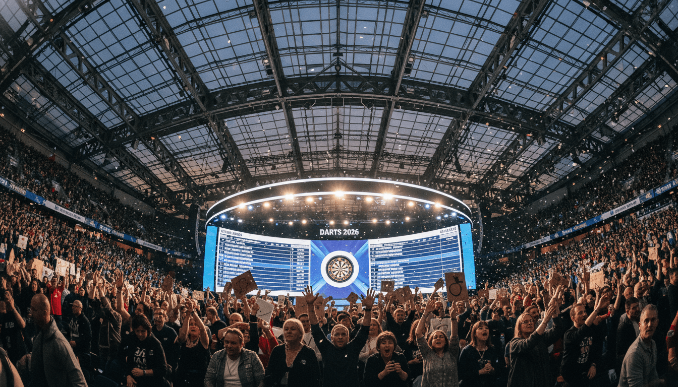 A wide shot of a large darts arena filled with spectators, with a stage prominently displaying the Darts 2026 schedule logo and a dartboard.
