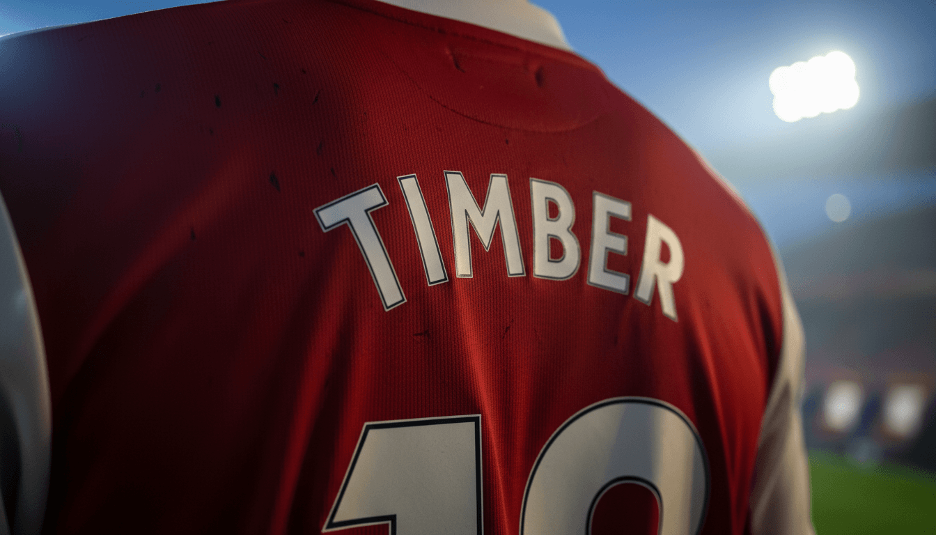 Close-up of Jurrien Timber's Arsenal jersey, specifically focusing on the number and name, symbolizing his awaited Jurrien Timber Champions League Final return.
