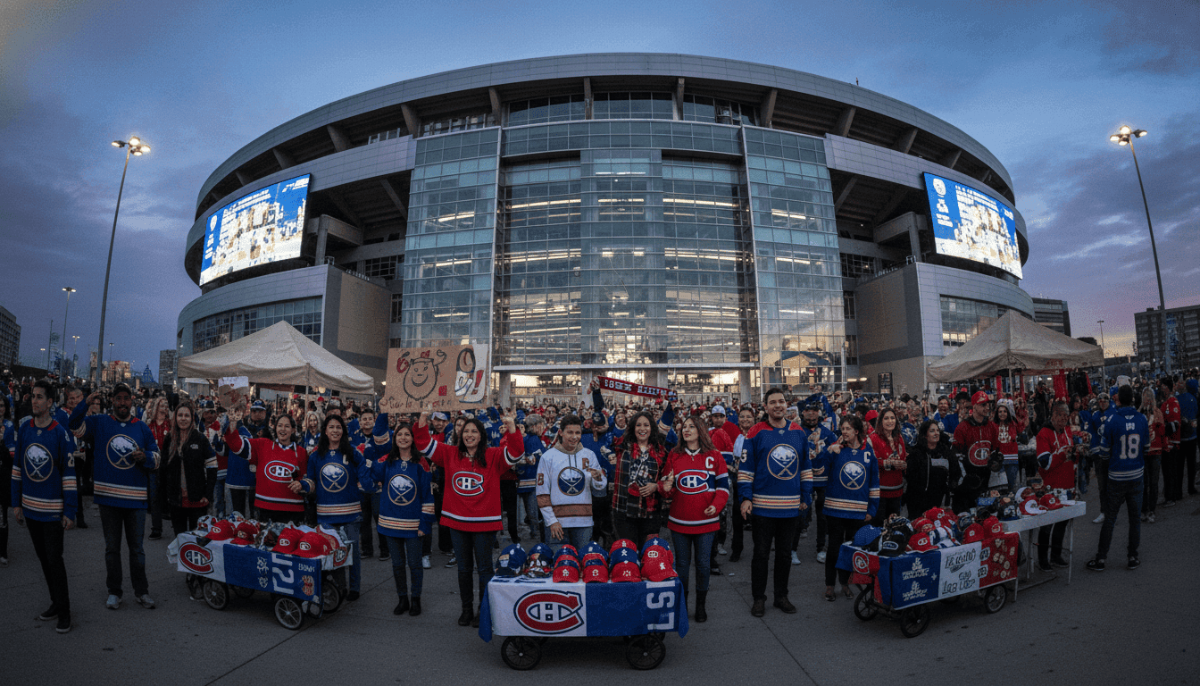 A bustling street scene outside a sports arena, with fans in Sabres and Canadiens jerseys converging for Sabres Canadiens Game 1.