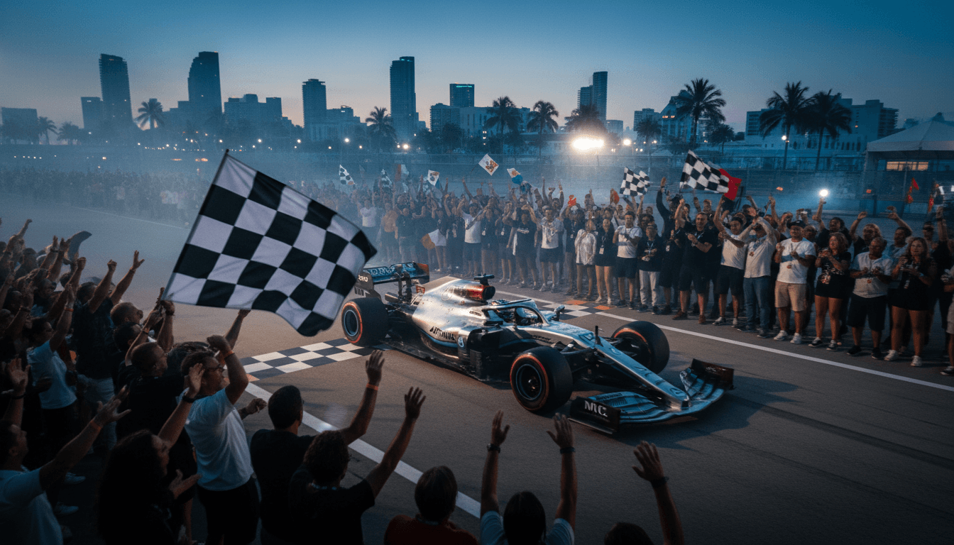Kimi Antonelli secures a victory in his Mercedes Formula 1 car, crossing the finish line at the Miami Grand Prix.
