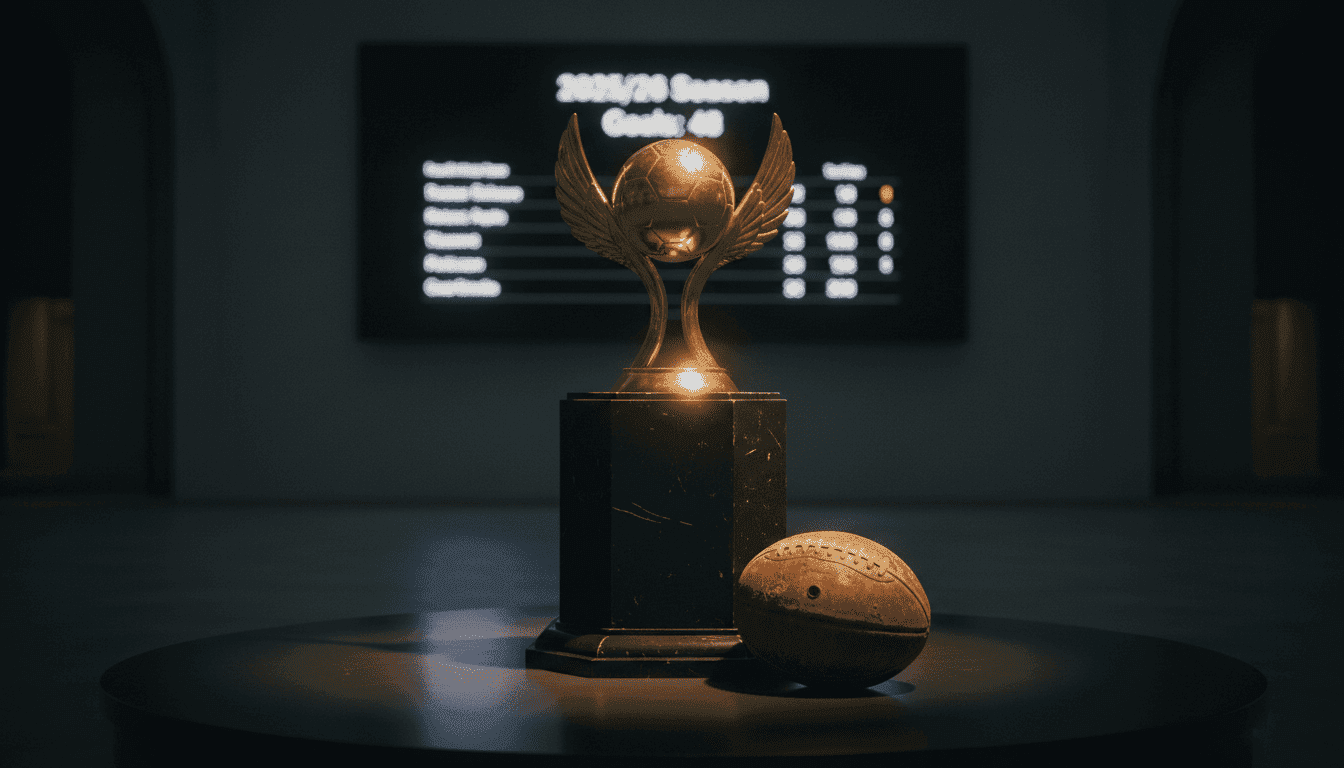 A trophy for Manchester United top scorers on a plinth, with a football and a scoreboard in the background.