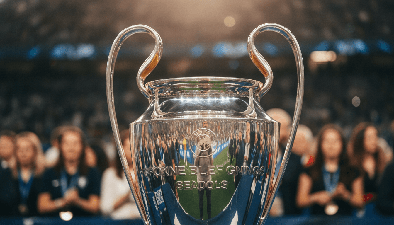 A close-up of a detailed Champions League trophy, gleaming under stadium lights, reflecting the anticipation of the final match.