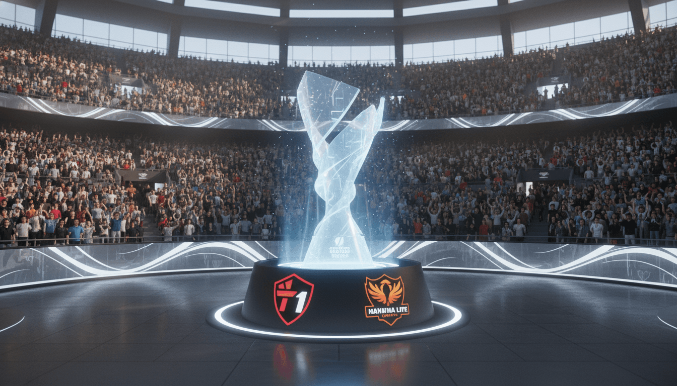 A digital representation of the Esports World Cup trophy with the LCK logo prominently displayed, signifying the EWC 2026 Korea slots.