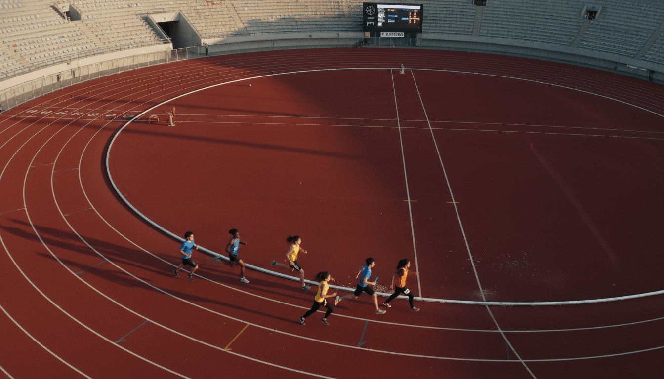 A close-up view of the red tartan track at the National Stadium in Tokyo, Japan, with lane markings clearly visible, ahead of a major athletics event where Indian medal winners will compete.