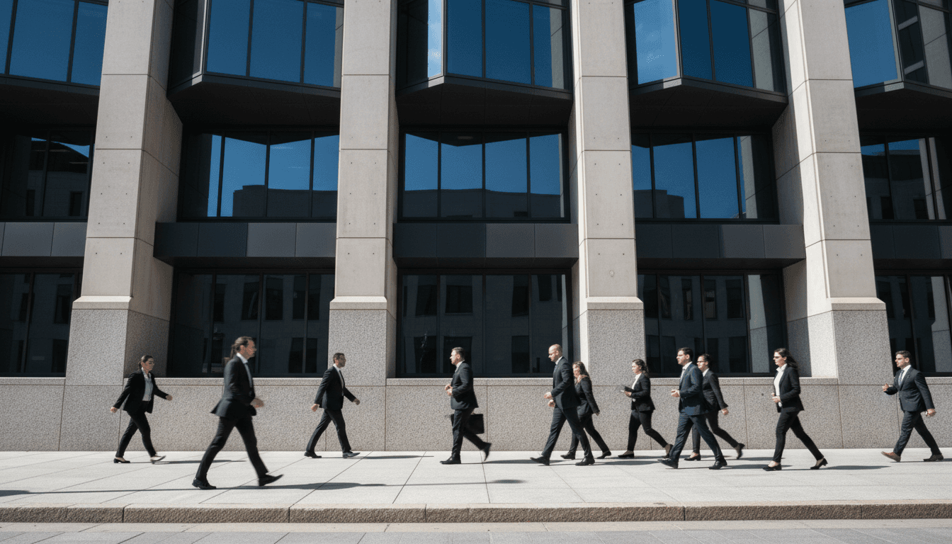 A bustling street scene outside a modern government building, with a subtle digital overlay representing data flow and secure communication, symbolizing Ondas's expanded role after the Mistral merger.