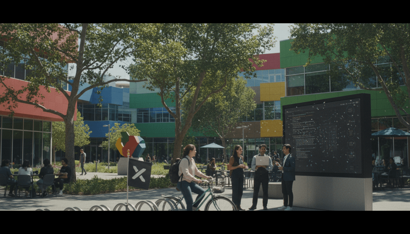 Larry Page hits $300 billion net worth, showing a street-level candid shot of the Googleplex campus with a subtle celebratory atmosphere.