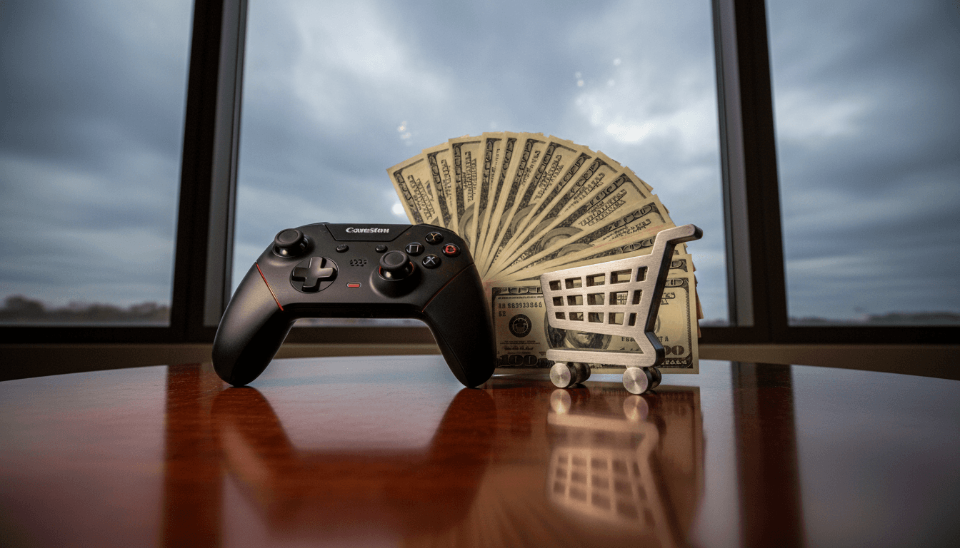 A composed still life featuring a GameStop branded video game controller next to a small, stylized eBay shopping cart icon, with a stack of currency notes representing the $56 billion takeover bid subtly in the background.