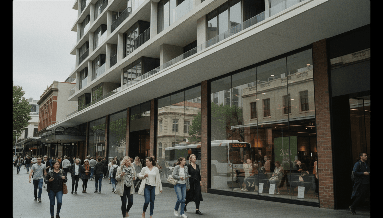 Exterior view of a modern Australian real estate acquisition, a hotel and retail complex, under a clear sky.