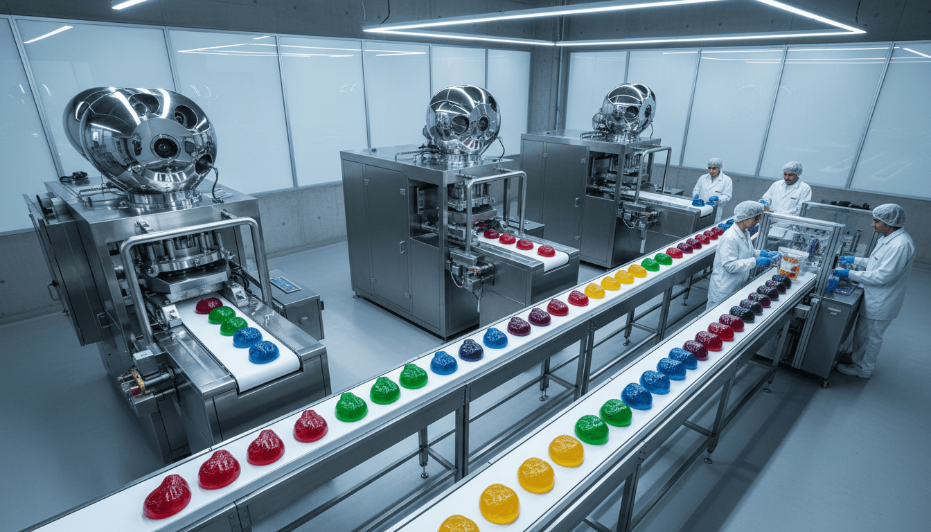 A vibrant assortment of colorful nutritional gummies in various shapes, symbolizing the U.S. gummy operations acquisition by TopGum.