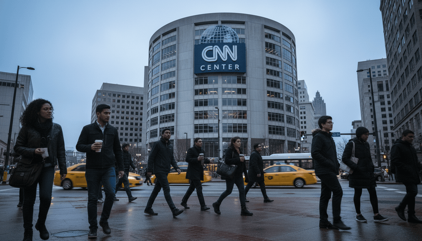 A wide shot of the CNN Center building in Atlanta, showcasing its iconic globe logo and modern architecture, symbolizing the legacy of the cable news pioneer.