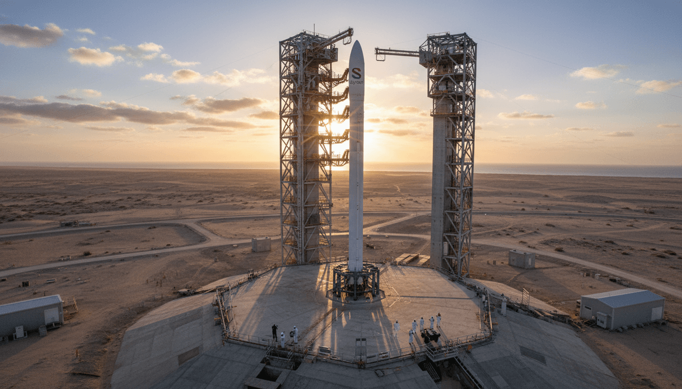 An aerial view of a modern rocket launchpad with a sleek Skyroot rocket standing tall, emphasizing India's first space-tech unicorn.