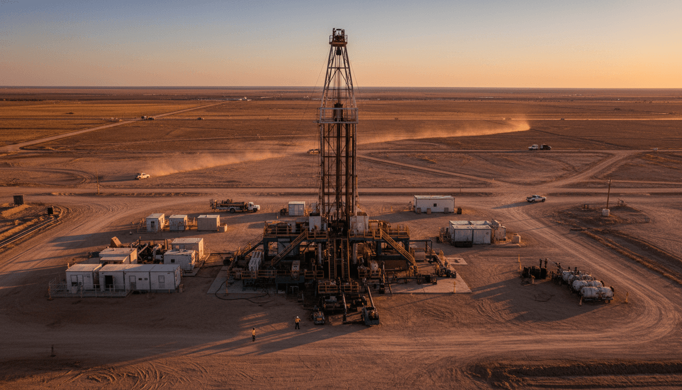 An oil and gas drilling rig operating in a vast, sunlit Permian Basin landscape, representing Devon Energy's operational strength after the Coterra merger and its $8 billion buyback.