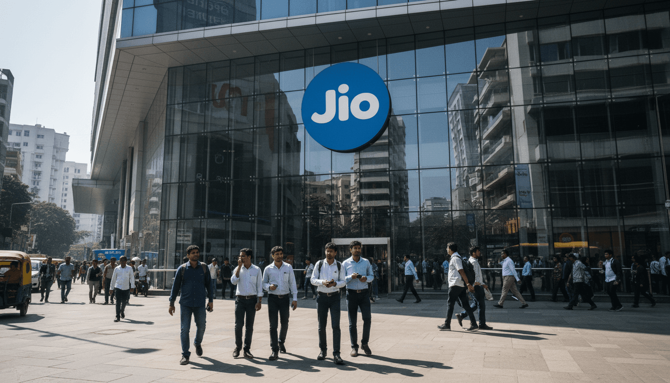 Reliance Industries Jio telecoms logo displayed on the Jio World Convention Centre building on a street in Mumbai, highlighting the Jio Platforms IPO
