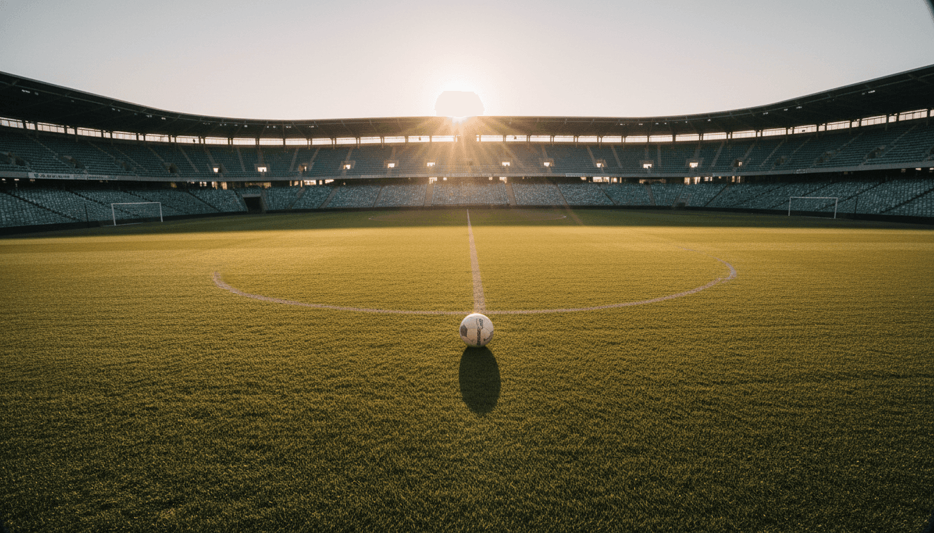 A solitary football resting on a pristine green pitch at dawn, symbolizing the quiet power behind Ronaldo tops Forbes list success.