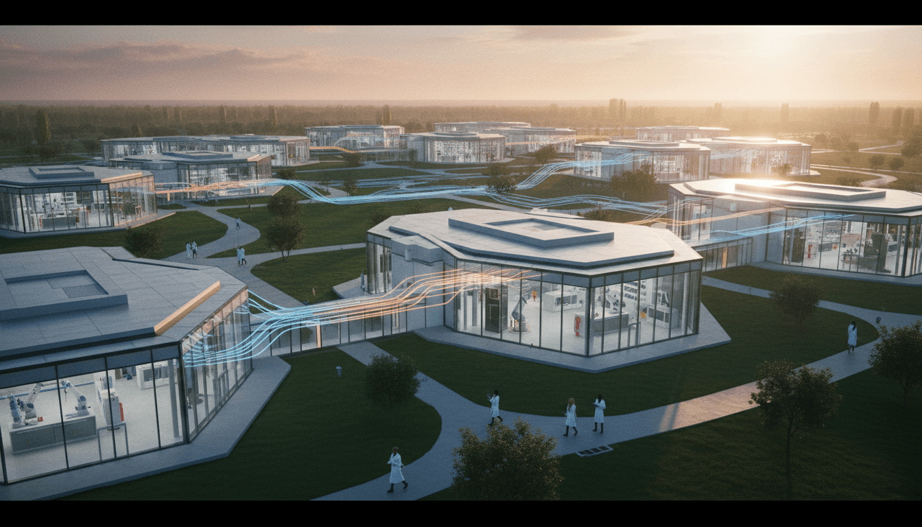 Aerial view of a modern pharmaceutical research facility with advanced robotics and AI interfaces, symbolizing Perceptic's role in automating drug discovery.