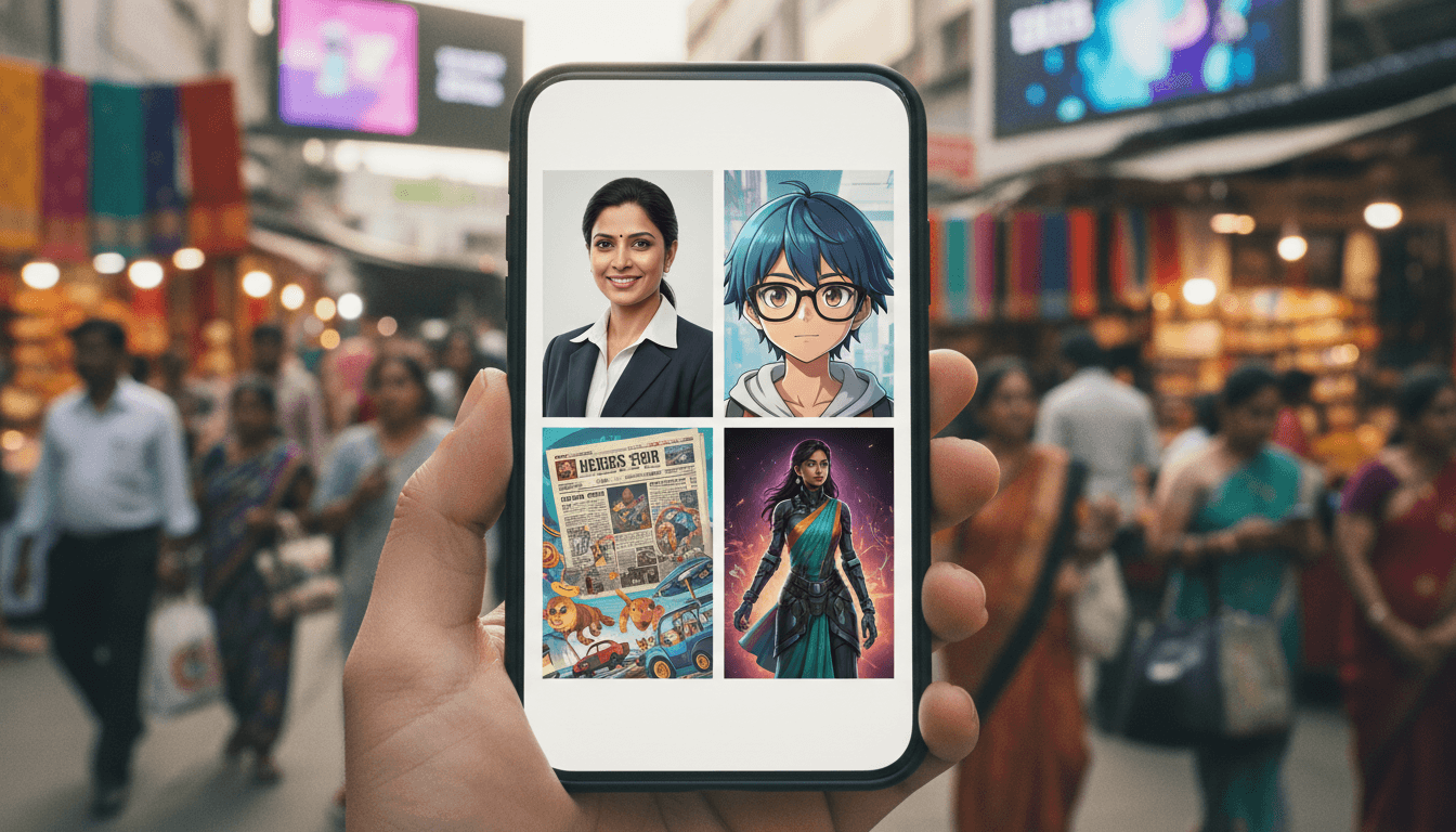 A vibrant digital collage representing diverse creative trends driving ChatGPT Images 2.0 adoption in India, featuring elements like AI-generated headshots, anime transformations, and fantasy newspaper designs.