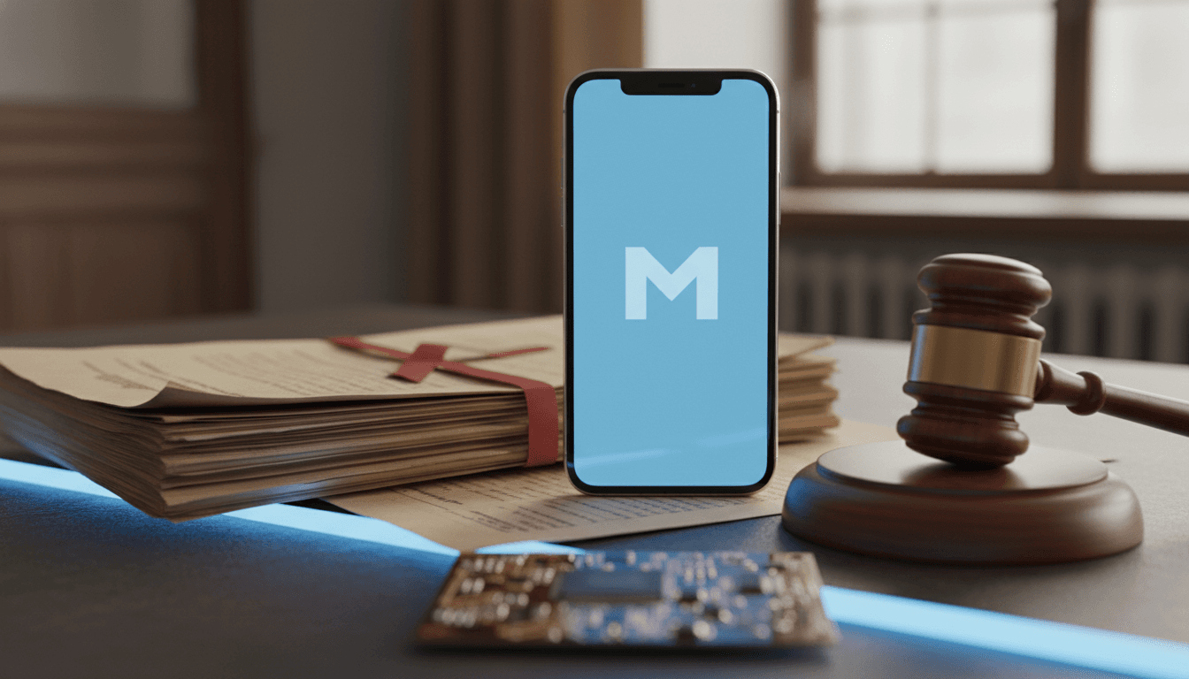 A close-up of a Meta logo on a smartphone screen, with blurred legal documents and a gavel in the background, symbolizing Meta faces escalating child safety lawsuit.