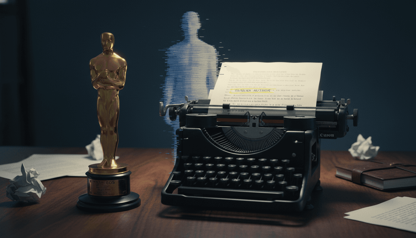 A golden Oscar statuette stands beside a partially written screenplay, with a subtle digital glitch effect over the script, symbolizing the Oscars ban AI actors and scripts.