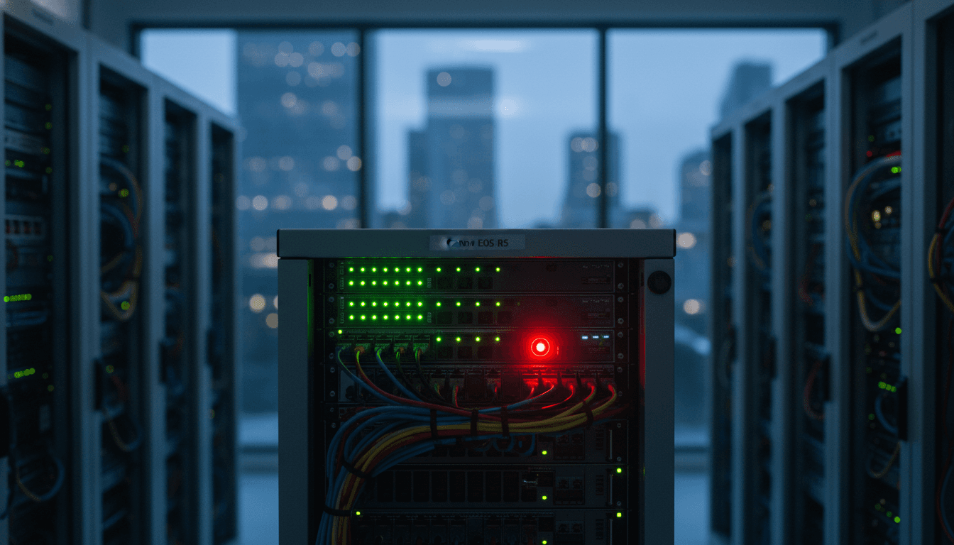 A close-up of a server rack with blinking lights and network cables, symbolizing the active exploitation of a Linux root access bug.