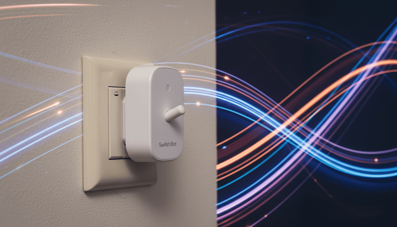 A close-up of the compact white SwitchBot Bot Rechargeable device attached to a physical light switch, ready to press it.