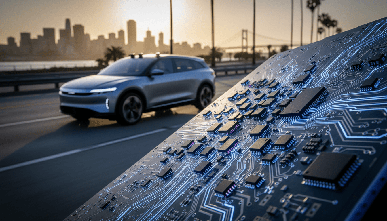 A futuristic Lucid Gravity SUV, equipped with Nuro's autonomous sensors, driving driverless on a California public road, symbolizing Nuro secures driverless permit achievement.