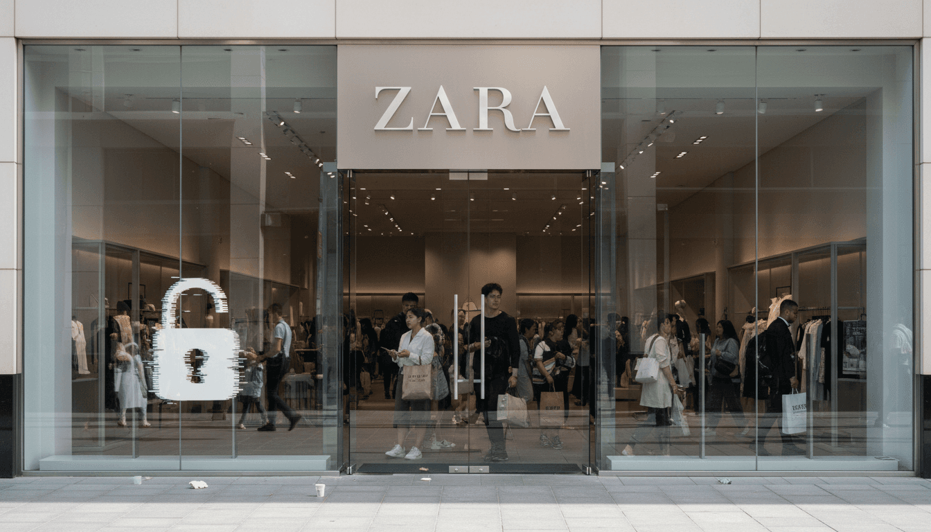 A security alert notification on a smartphone screen concerning a Zara data breach, with a blurred background of a Zara store interior.