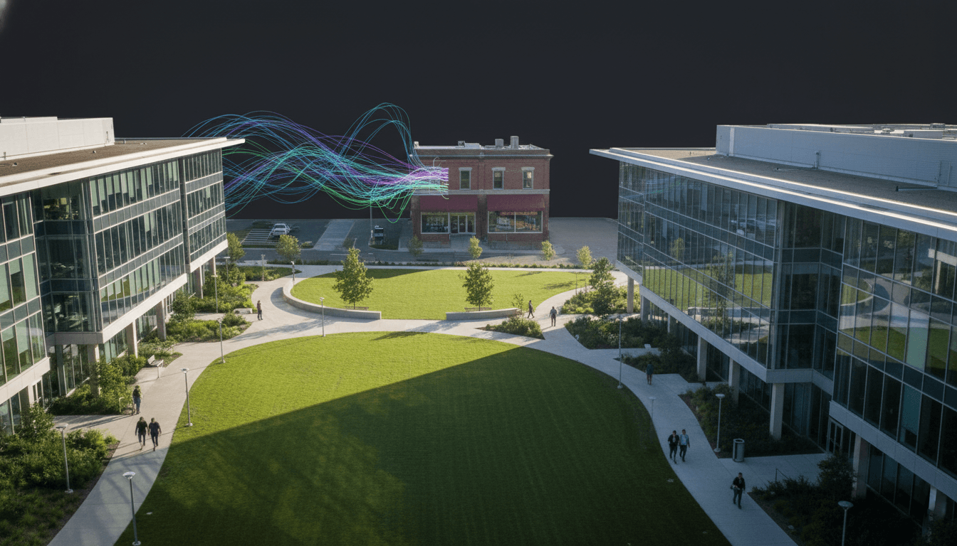 A bird's-eye view of eBay's corporate headquarters, with a subtle, transparent overlay of GameStop's logo fading in the background, symbolising the rejected bid.