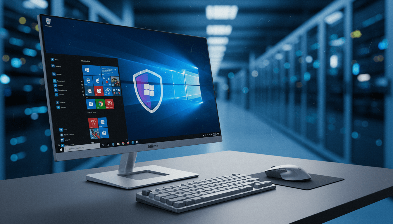 A digital representation of the Windows 10 logo with a shield icon overlaid, signifying the Windows 10 KB5087544 extended security update.