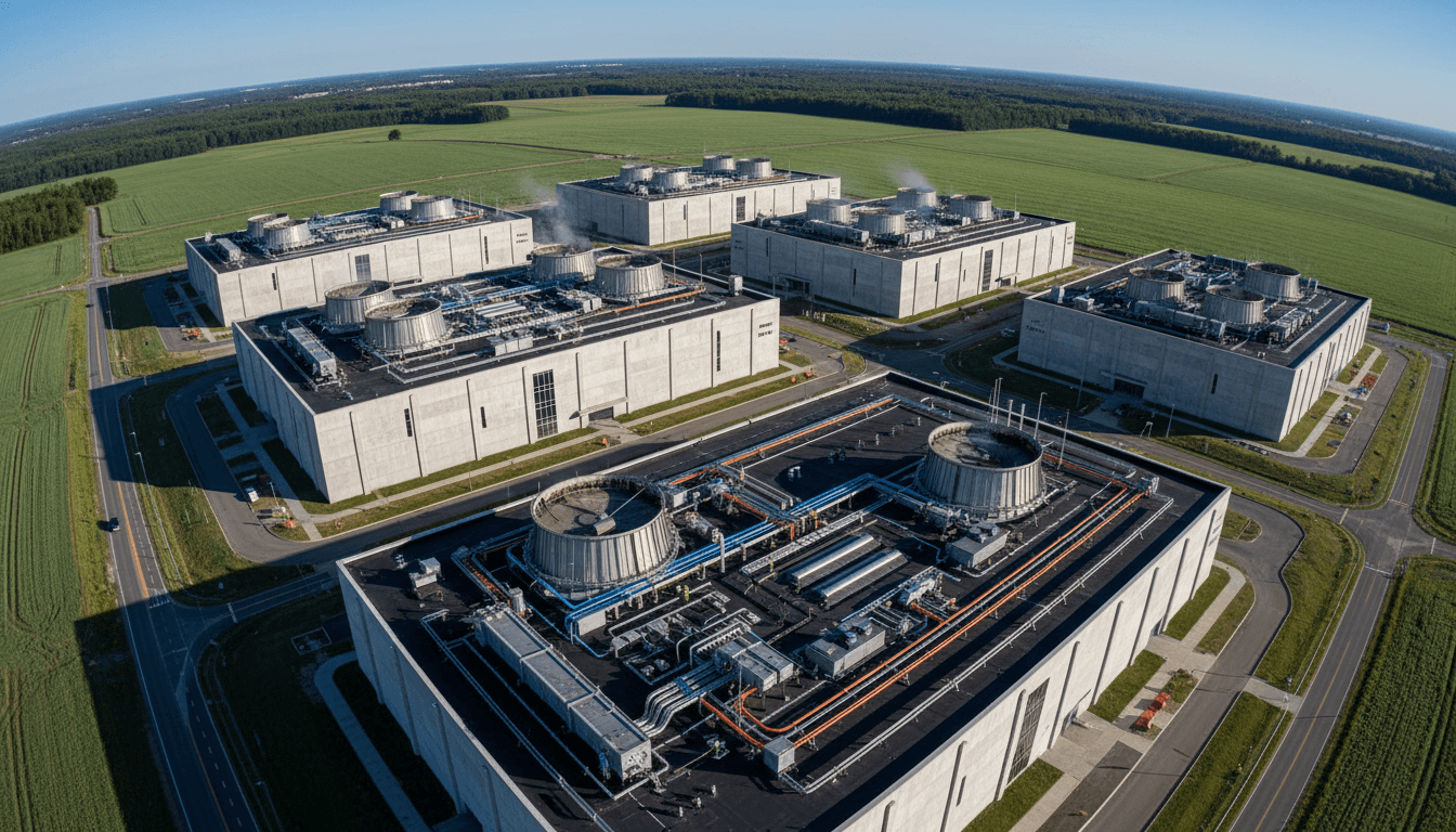 An aerial view of a large, modern data center facility nestled in a rural landscape, emphasizing how data centers threaten rural America's traditional character.