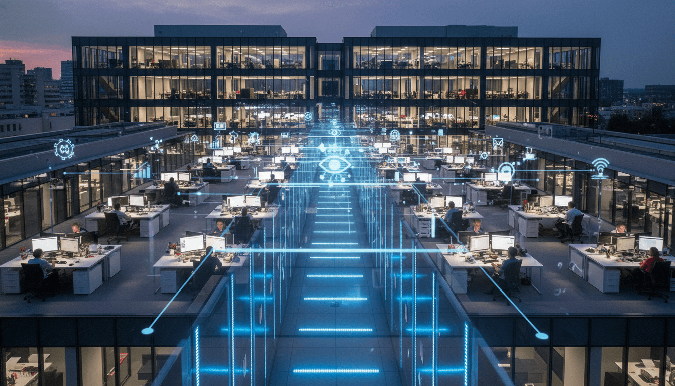 An aerial view of a bustling corporate campus with employees actively managing shadow AI tools on their devices, under a watchful, secure digital overlay.