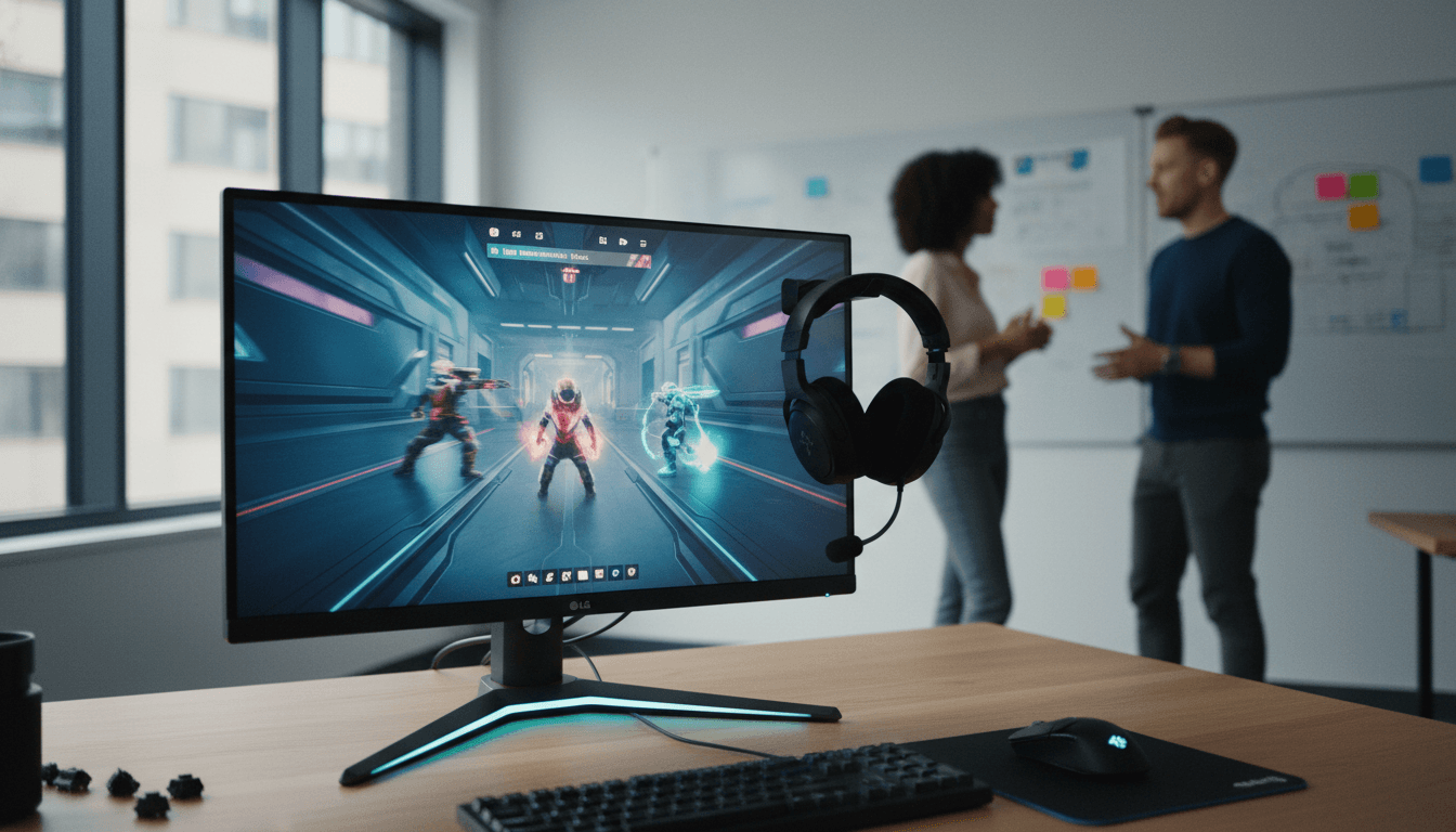 Close-up of the LG UltraGear 25G590B, a sleek 1000Hz 1080p gaming monitor, displaying a vibrant, fast-paced game scene.