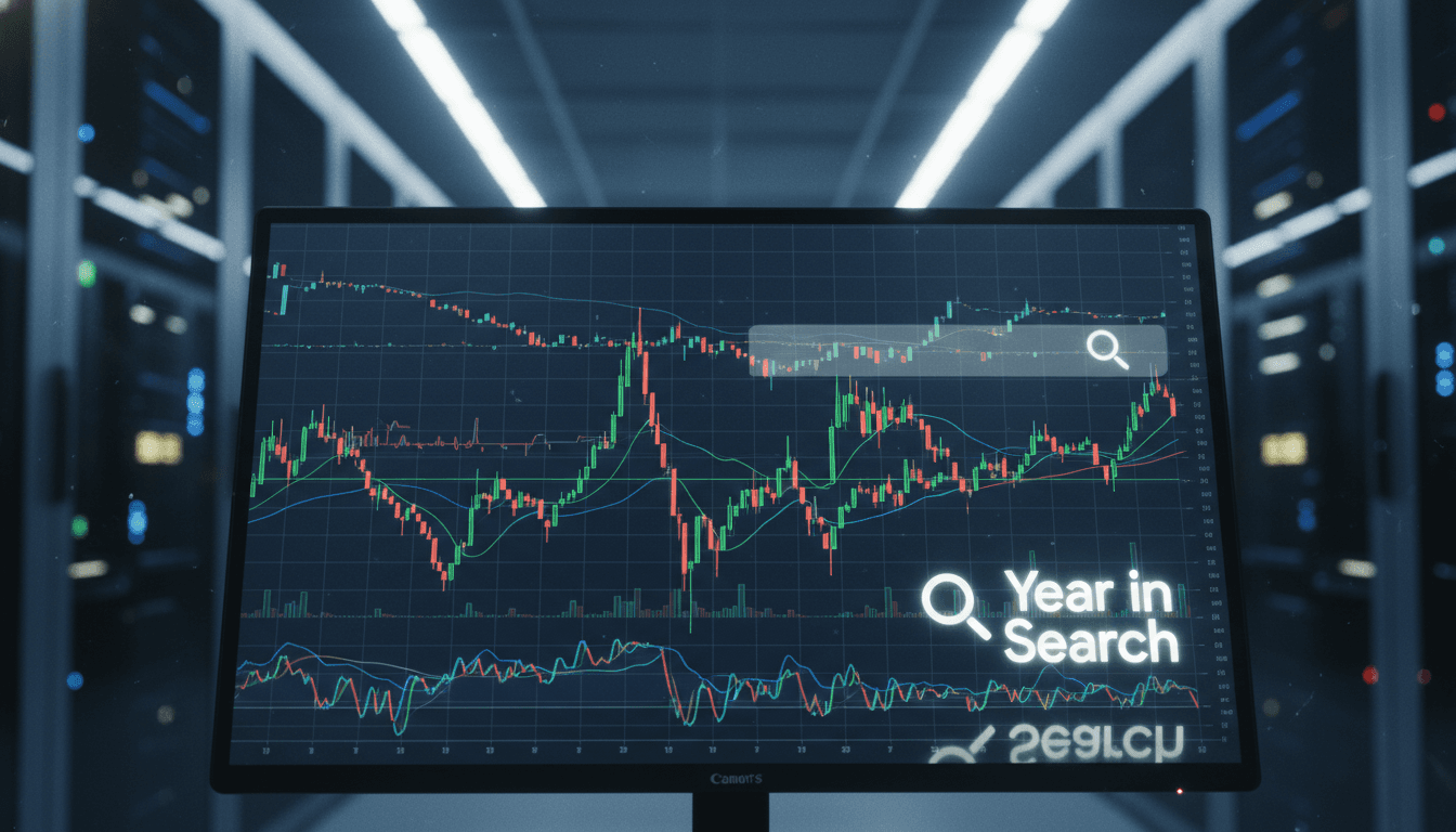 A close-up of a digital screen displaying stock market graphs and a 'Year in Search' logo, symbolizing a Google engineer charged with insider trading.
