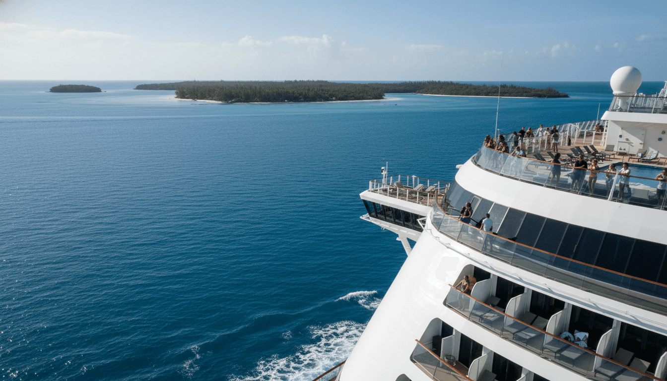 A luxurious MSC Cruises ship sailing through the turquoise waters of the Caribbean, with a focus on the ship's elegant design and the vibrant tropical backdrop as MSC Cruises opens Summer 2028 Caribbean bookings.