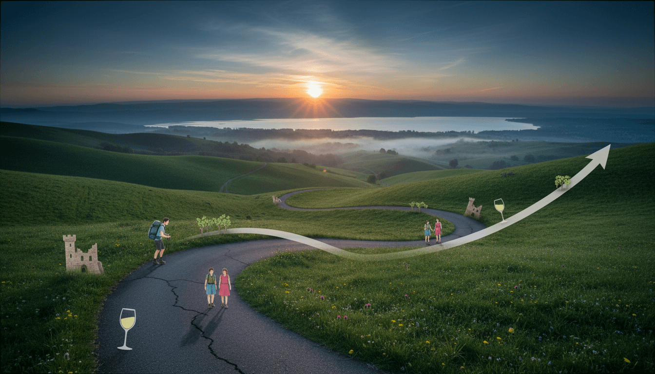 A vibrant, conceptual illustration representing the rapid growth of Placer County tourism, with a winding road leading through rolling hills towards a sun-drenched horizon, symbolizing an emerging destination.
