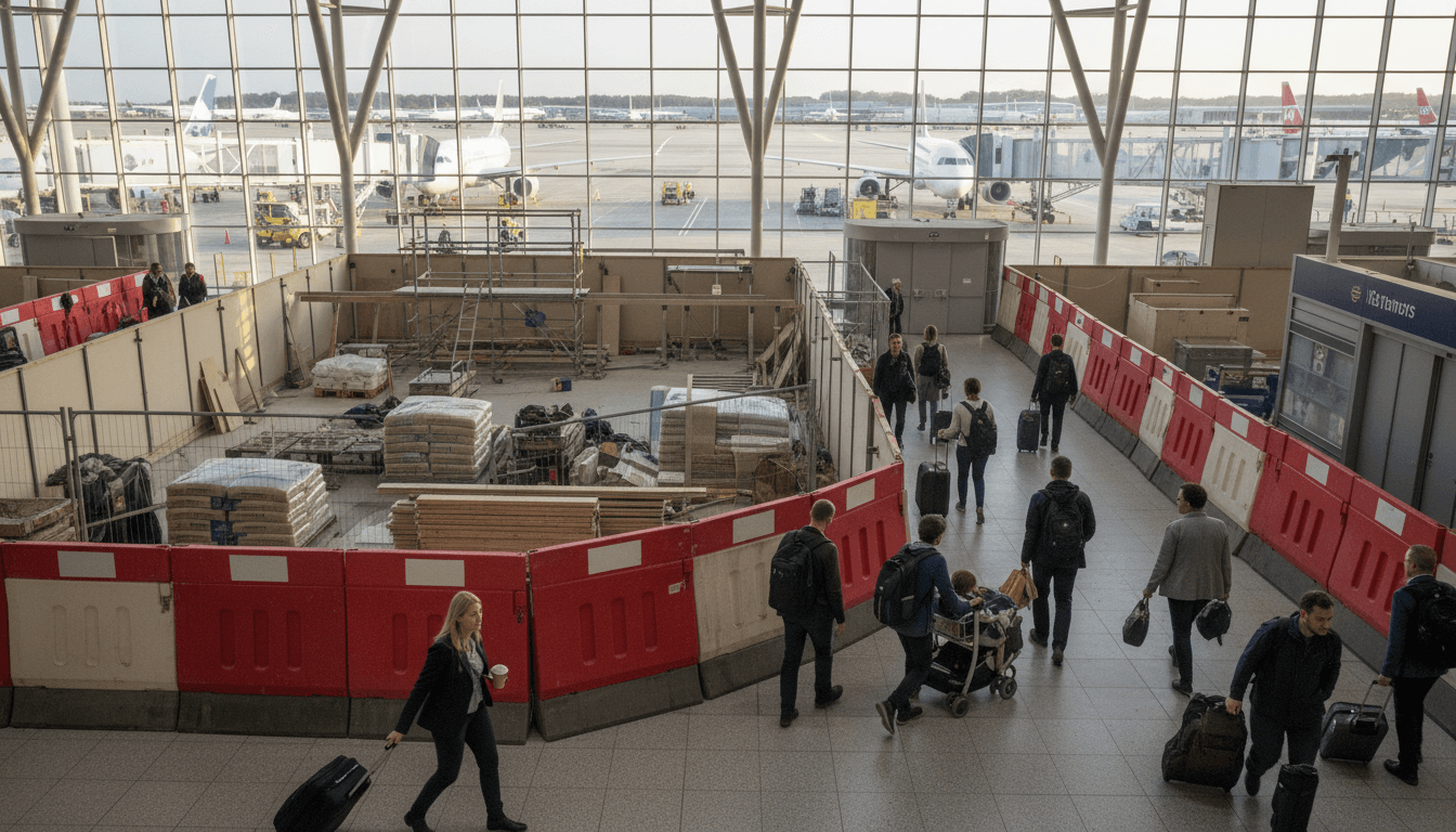 An overhead view of a bustling Heathrow terminal undergoing a delayed Heathrow terminal overhaul, with construction barriers and equipment visible amidst moving passengers and parked aircraft.