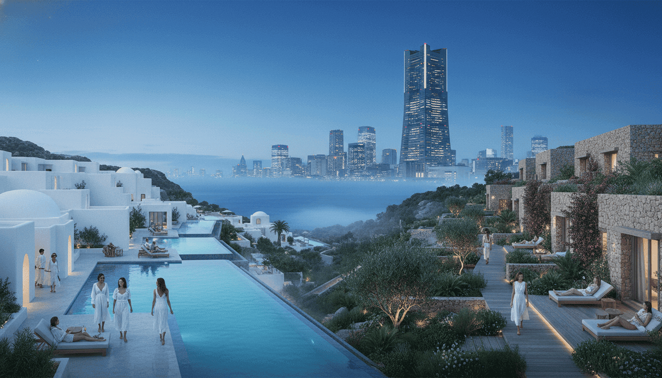 An aerial view showcasing new, opulent luxury resorts nestled along the coastlines of Rhodes and Sardinia, with a sleek, modern high-rise luxury hotel in Tokyo's skyline, illustrating the expansion of luxury resorts globally.