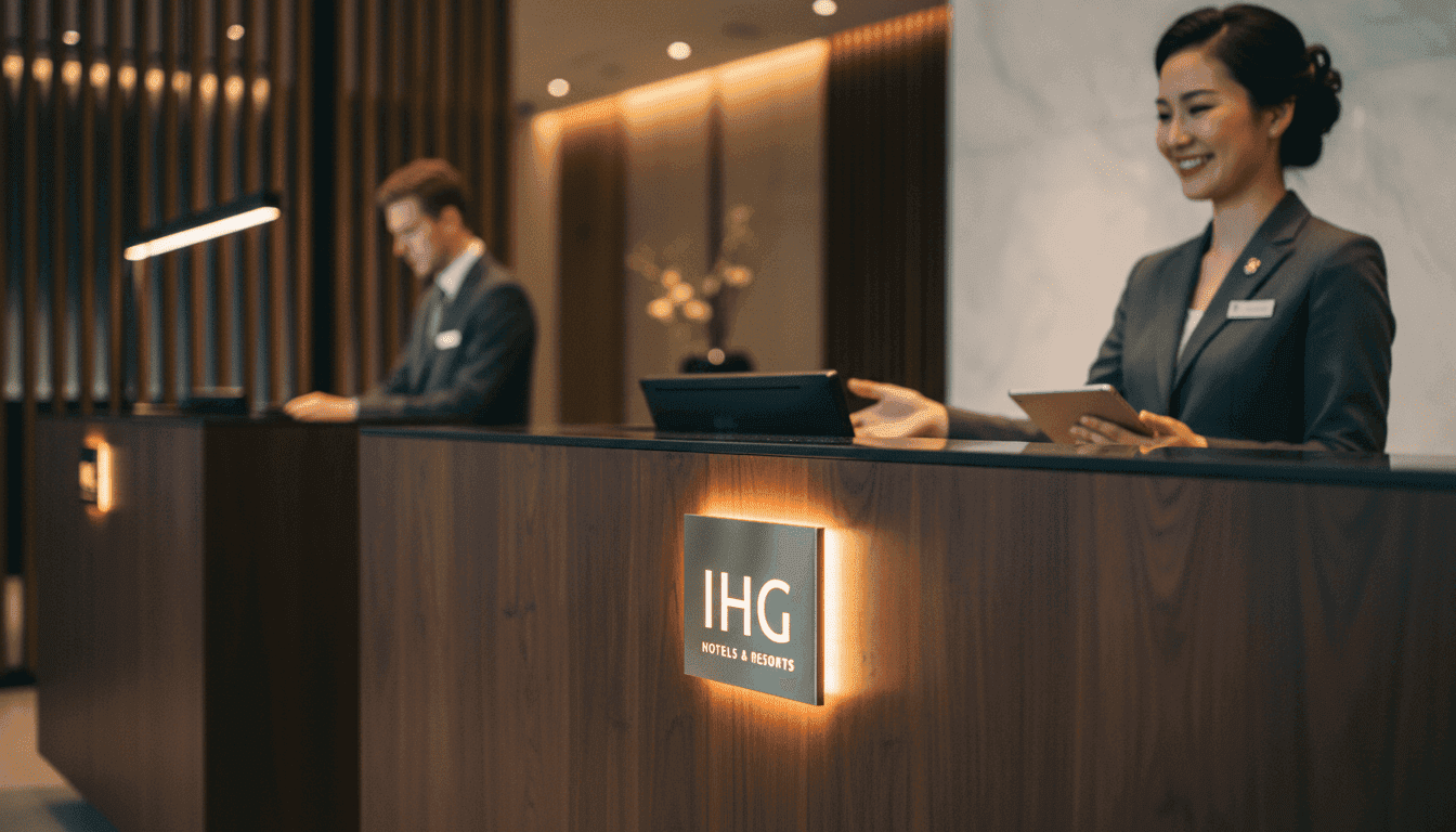 A close-up view of a polished, stylized IHG Hotels & Resorts logo embedded in a modern hotel lobby reception desk, reflecting the subtle glow of ambient lighting, symbolizing the company's expanding presence in key markets.