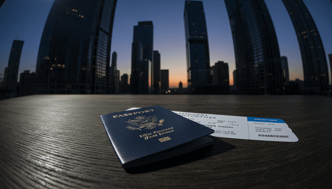 A US visa exemption for foreign doctors is represented by a medical caduceus symbol intertwined with a US passport and a plane ticket.