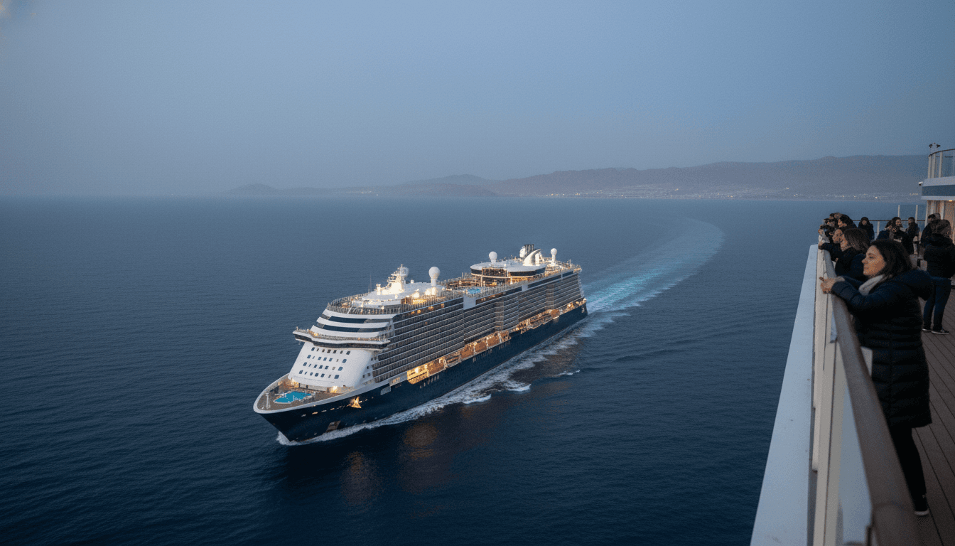 A large cruise ship reroutes its international voyage away from a tense West Asia region, sailing through calm blue waters under a clear sky.