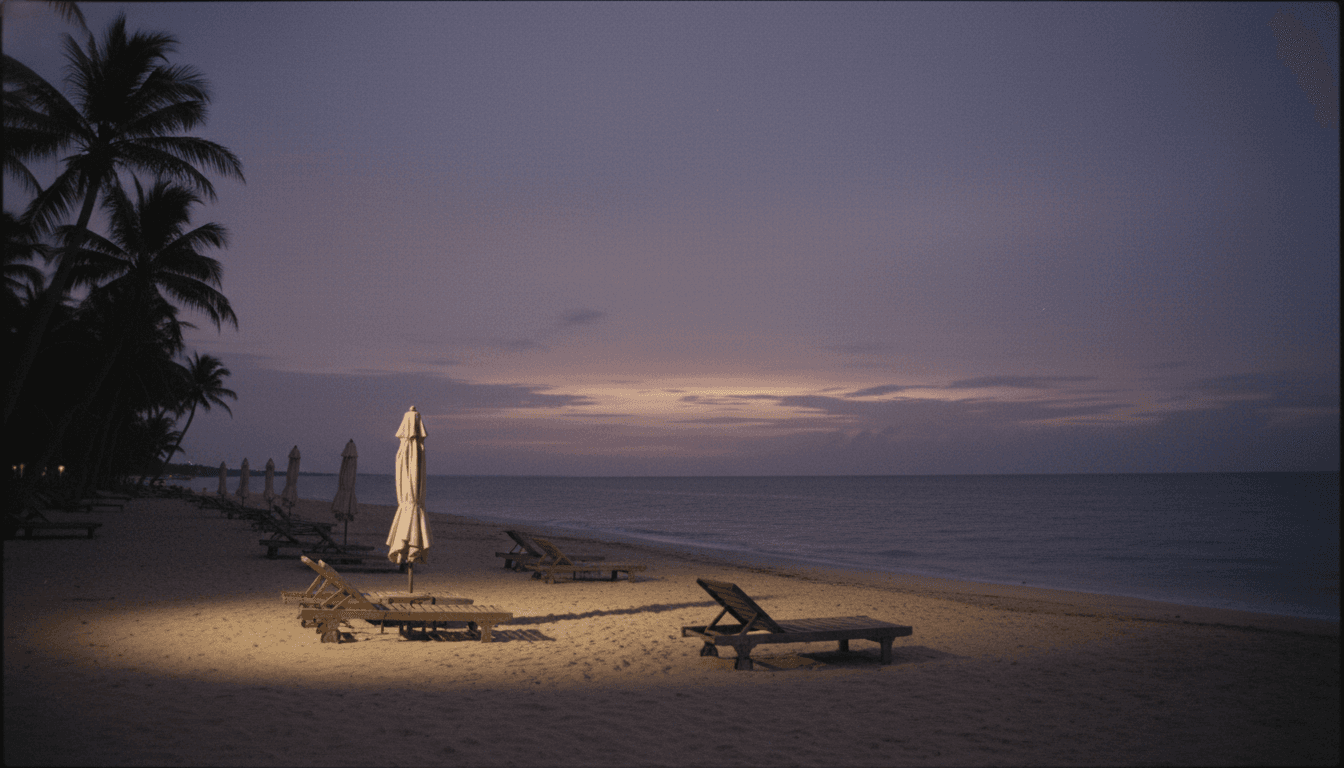 A cloudy, overcast sky hangs over a once-bustling beach, now deserted due to a US travel warning for a breathtaking vacation destination.