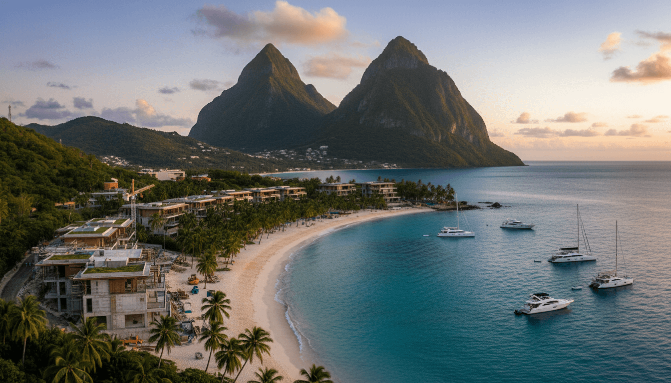An aerial view of the coastline in Saint Lucia where the HQ Hotels & Residences project aims to strengthen luxury tourism.