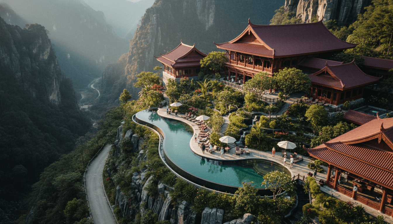 Aerial view of a Shangri-La hotel with unique architectural features, illustrating the trend of hotels into the reason to travel.