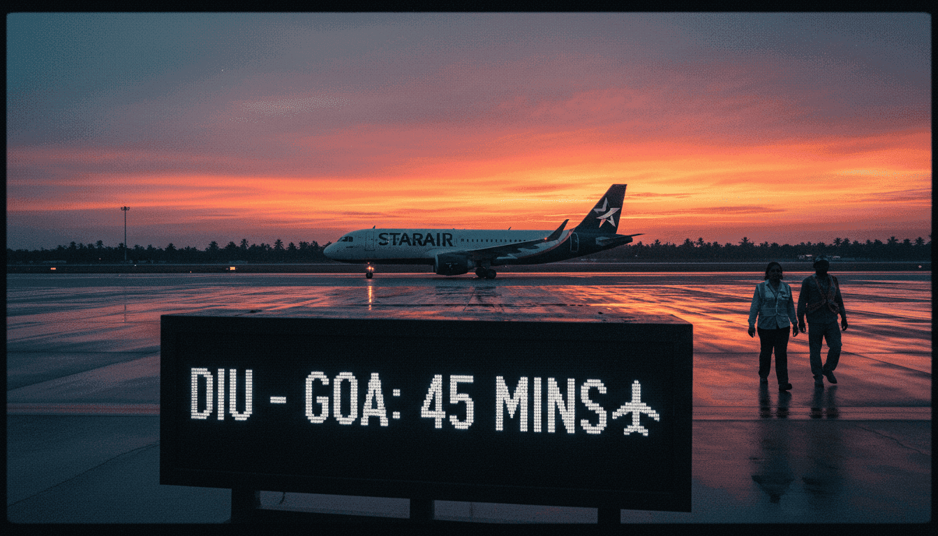 A Star Air aircraft taxiing on the runway at sunset, with the direct Diu-Goa flight route visible on a large destination board.