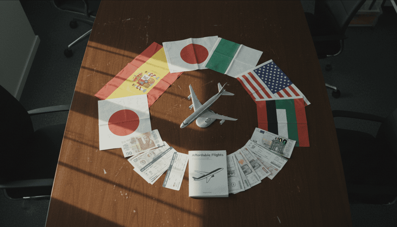 A collection of miniature flags representing Spain, Italy, the US, Japan, and Dubai, arranged around a model airplane, symbolizing Spain joins major destinations in an effort to combat rising airfare.