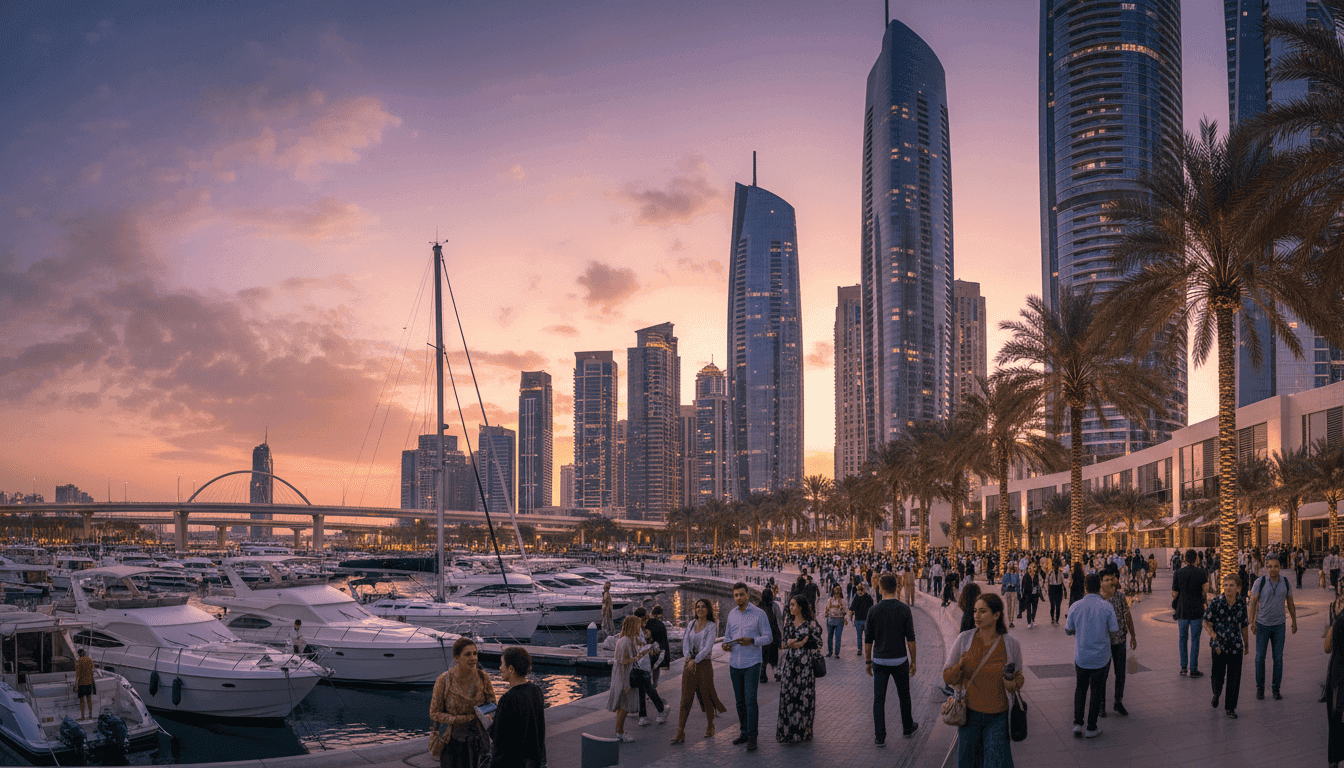 A vibrant skyline of a modern Gulf city, illustrating how Bahrain joins Gulf tourism powerhouses in modernizing travel policies.