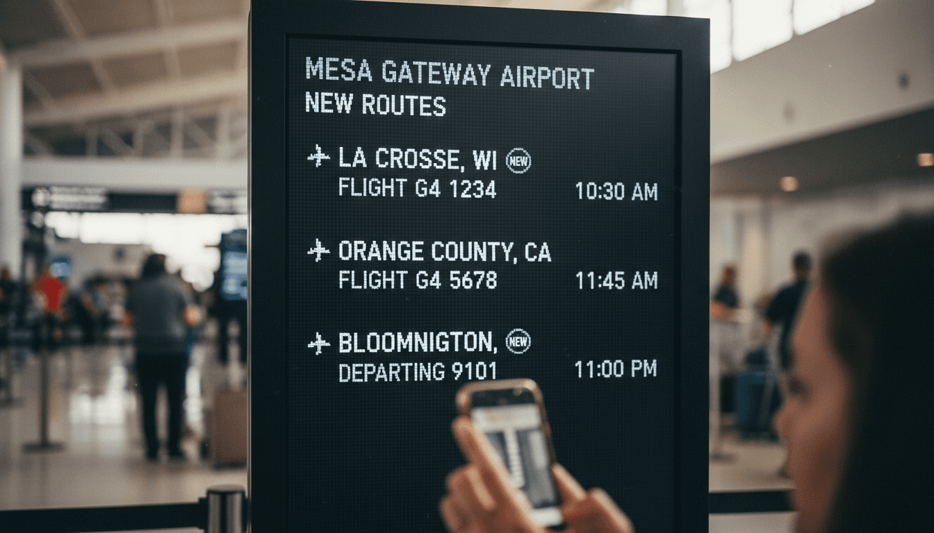 Close-up of a digital airport departure board displaying 'New Mesa Gateway Routes' with destination cities and flight numbers.