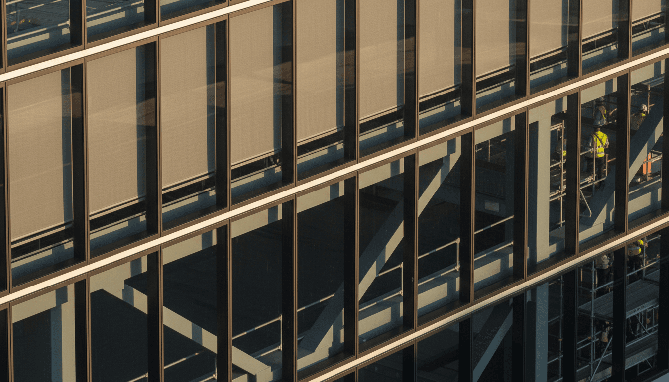 A close-up detail of the sleek, modern architectural elements of Frankfurt Terminal 3's facade, showing a section of its glass and steel structure reflecting the sky, emphasizing the expansion of airport capacity.