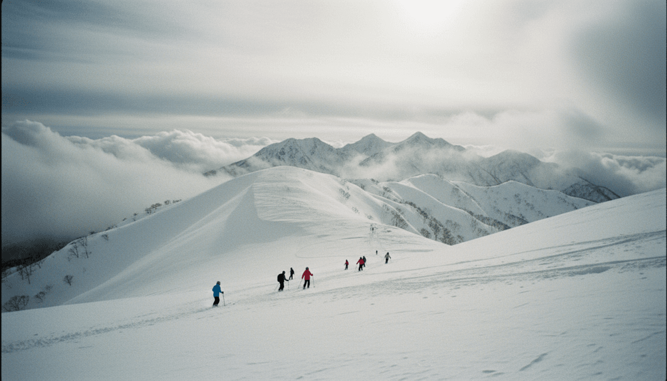 A snowy mountain landscape in Sapporo, Japan, with skiers descending, celebrating United Airlines nonstop flights to the region.