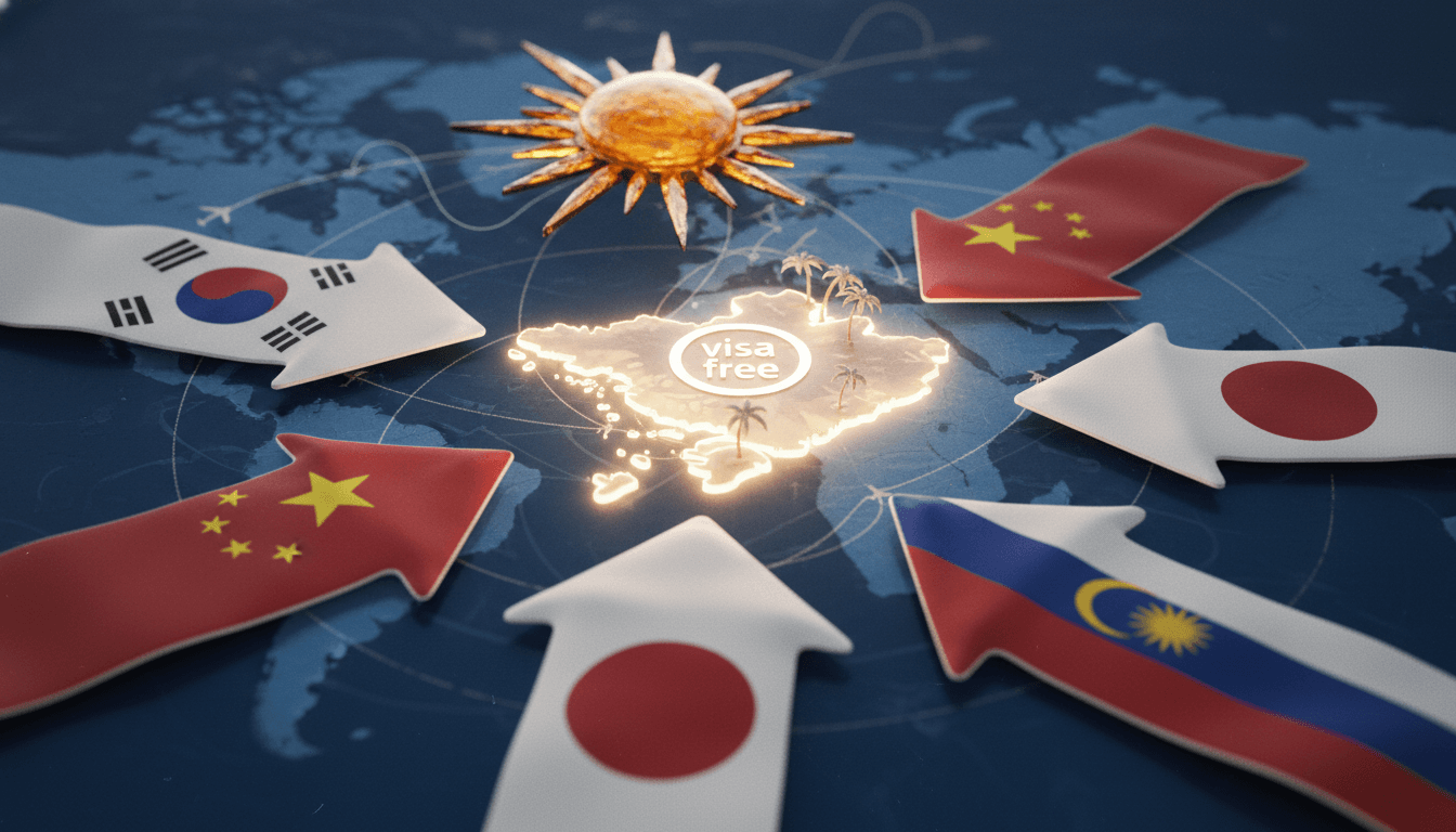 A vibrant, conceptual illustration showing diverse national flags, including South Korea's, converging on a stylized map of Phu Quoc, Vietnam, with a glowing 'visa-free' icon, symbolizing the influx of tourism and economic growth.