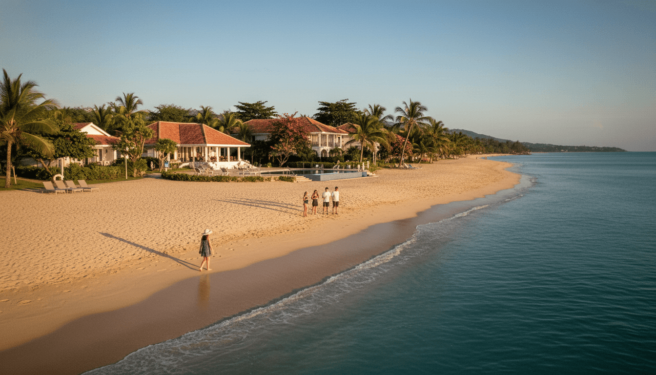 A panoramic view of Treasure Beach Village with a serene coastline, subtly reflecting the impact of falling FIFA hopes on its future.
